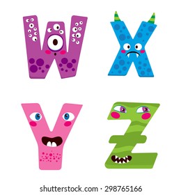 Cute Halloween alphabet with funny w x y z monster characters