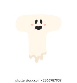 Cute Halloween alphabet letter T ghost character. Funny kids decorative lettering. for t-shirt, nursery decoration, baby shower, greeting card, invitation, scrapbooking. Vector stock illustration.