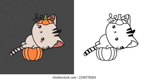 Cute Halloween American Shorthair Cat Clipart for Coloring Page and Illustration. Happy Halloween Cat. Cute Vector Illustration of a Kawaii Halloween Animal Inside a Pumpkin.
