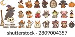 Cute Halloween Animal Cosplay Vector Illustration Set. Spooky Kawaii Animals in Costumes Bundle