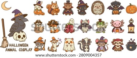 Cute Halloween Animal Cosplay Vector Illustration Set. Spooky Kawaii Animals in Costumes Bundle