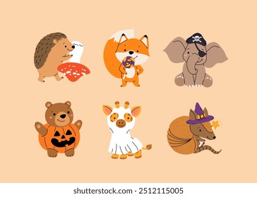 Cute halloween animals. Funny baby animal with autumn mushroom, wizard hat, pirate costume and ghost sheet. Happy kids characters. Flat cartoon vector illustration