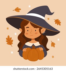 Cute Halloween or autumn-themed illustration featuring a smiling young witch with long brown hair, wearing a wide black hat and holding a pumpkin. Surrounded by falling leaves and stars, this cozy 