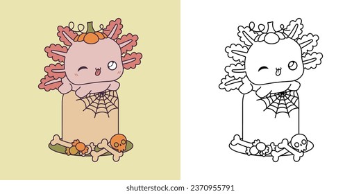 Cute Halloween Axolotl Clipart for Coloring Page and Illustration. Happy Clip Art Halloween Salamander. Cute Vector Illustration of a Kawaii Reptile Animal for Halloween Stickers. 