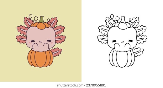 Cute Halloween Axolotl Clipart Illustration and Black and White. Kawaii Clip Art Halloween Salamander. Cute Vector Illustration of a Kawaii Halloween Amphibian Animal Inside a Pumpkin. 