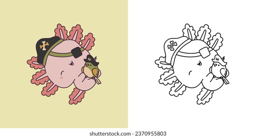 Cute Halloween Axolotl Clipart Illustration and Black and White. Funny Clip Art Halloween Salamander. Cute Vector Illustration of a Kawaii Halloween Amphibian Animal in a Pirate Costume. 