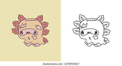 Cute Halloween Axolotl Illustration and For Coloring Page. Cartoon Clip Art Halloween Salamander. Cute Vector Illustration of a Kawaii Halloween Amphibian Animal in a Ghost Costume. 