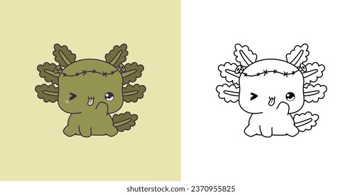 Cute Halloween Axolotl Illustration and For Coloring Page. Cartoon Clip Art Halloween Salamander. Cute Vector Illustration of a Kawaii Halloween Reptile Animal in a Zombie Costume. 