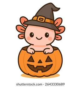 Cute Halloween axolotl in pumpkin wearing witch hat – adorable cartoon amphibian for fall holiday, spooky season decor, kids party design, kawaii Halloween clipart for stickers and invitations