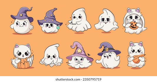 Cute halloween baby ghosts collection. Cartoon characters for kids. Vector illustration.