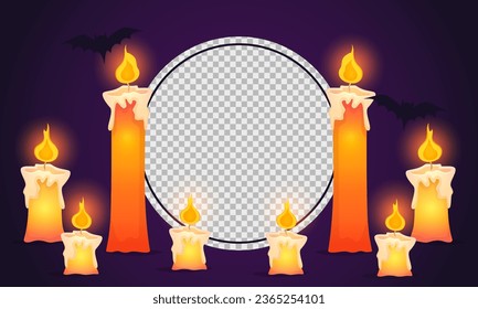 Echter Halloween-Hintergrund mit Kerzen und Fledermäusen. Mit Platz für Foto. Element im Cartoon-Stil für Designs. Farbige Vektorgrafik.