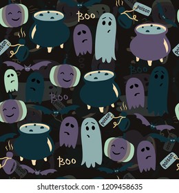 Cute Halloween background with ghosts, pumpkins and poison. Vector seamless pattern.