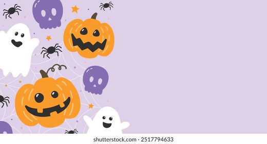 Cute Halloween background with hand drawn pumpkins, ghosts and skulls. Vector illustration