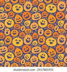 Cute Halloween background with hand drawn pumpkins. Seamless pattern. Vector illustration