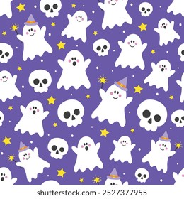 Cute Halloween background with hand drawn ghosts and skulls. Seamless pattern. Vector illustration