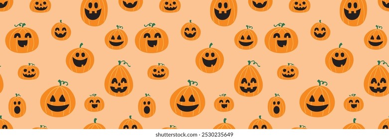 Lindo fondo de Halloween con calabazas dibujadas a mano. Patrón sin fisuras. Anuncio. Ilustración vectorial