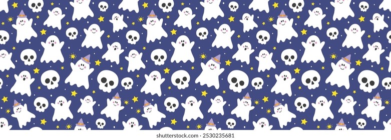 Cute Halloween background with hand drawn ghosts and skulls. Seamless pattern. Banner. Vector illustration