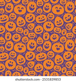 Lindo fondo de Halloween con calabazas dibujadas a mano. Patrón sin fisuras. Ilustración vectorial
