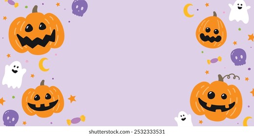 Fundo bonito de Halloween com abóboras desenhadas à mão, fantasmas e crânios. Ilustração vetorial
