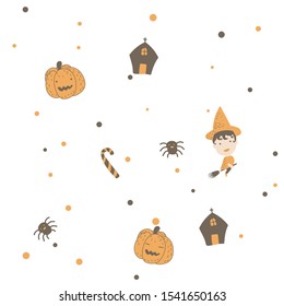 Cute halloween background pattern with a little witch