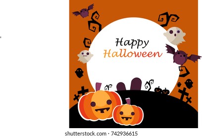 Cute Halloween Background with pumpkin, ghost, grave and bat. Vector Illustration. Flat Halloween Icons with Square Frame. 