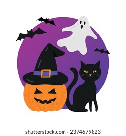 Cute halloween background. Pumpkin with witch hat, black cat and ghost banner. 