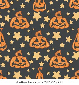 Cute Halloween background with pumpkins and stars. Stardust and pumpkin characters seamless pattern. Holiday child print for textiles, paper, packaging, vector illustration
