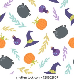 Cute Halloween background. Vector cartoon style seamless pattern