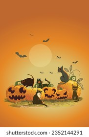 Cute Halloween background vector illustration with pumpkins, bat, black cat, ghost and raven bird.