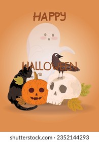 Cute Halloween background vector illustration with pumpkins, bat, black cat, ghost and raven bird.