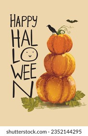 Cute Halloween background vector illustration with pumpkins, bat, black cat, ghost and raven bird.