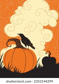 Cute Halloween background vector illustration with pumpkins, bat, black cat, ghost and raven bird.