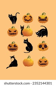 Cute Halloween background vector illustration with pumpkins, bat, black cat, ghost and raven bird.