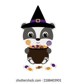 Cute Halloween badger in witch hat holding a pot with candies. Cartoon animal character for kids t-shirts, nursery decoration, baby shower, greeting card, invitation. Vector stock illustration