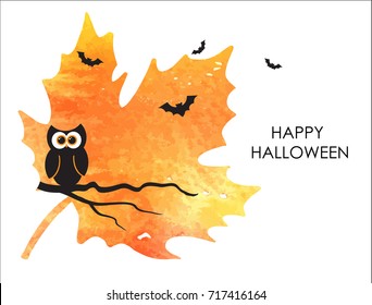 Cute halloween banner or card design/ Small owl and bats on watercolor painted orange maple leaf background