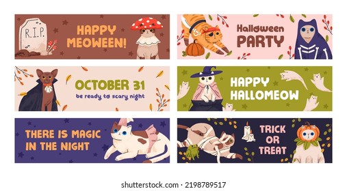 Cute Halloween banner designs set. Happy feline Helloween background templates with funny holiday kitties disguised in October costumes for fun night party. Childish colored flat vector illustrations