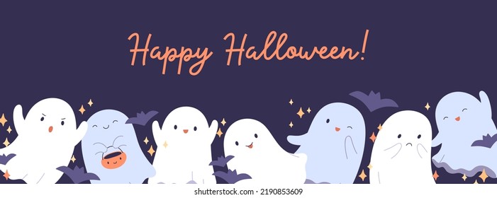 Cute Halloween banner with happy ghosts. Helloween holiday night background design with spooks, boo characters, phantoms for funny spooky October party. Childrens colored flat vector illustration