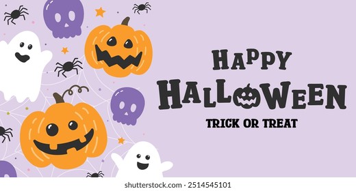 Cute Halloween banner with pumpkins, ghosts and skulls in retro style. Vector illustration