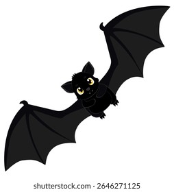 Cute Halloween bat with big yellow eyes and wide black wings, perfect for spooky holiday decorations and fun seasonal designs.