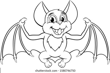  A cute Halloween bat cartoon character in black and white outline, could be used as coloring book page