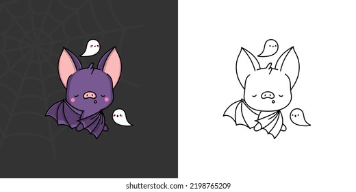 Cute Halloween Bat Clipart Illustration And Black And White. Funny Clip Art Halloween Flittermouse. Cute Vector Illustration Of A Kawaii Halloween Animal And Ghost.
