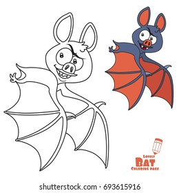 Cute Halloween bat flying color and outlined for coloring page