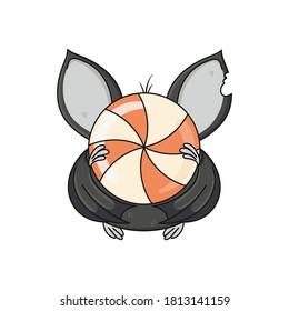 Cute Halloween Bat is hiding behind a giant candy isolated on white background. Colorful whimsical hand drawn vector character for invitations, party decor, greeting card, sticker, poster, advertising
