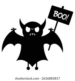 Cute halloween bat holding boo sign cartoon.