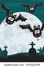Cute Halloween Bats with full moon in dark night with graveyard, copy space for Halloween invitation