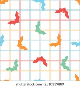 Cute Halloween Bats vector seamless repeat pattern. Hat witch, bat, skull. check background. Kids print.