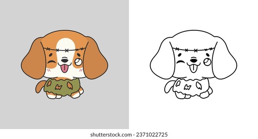 Cute Halloween Beagle Dog Clipart Illustration and Black and White. Funny Clip Art Halloween Dog. Cute Vector Illustration of a Kawaii Halloween Animal in a Zombie Costume. 