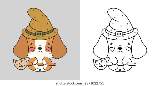 Cute Halloween Beagle Dog Clipart for Coloring Page and Illustration. Happy Clip Art Halloween Puppy. Cute Vector Illustration of Halloween Kawaii Animal in Witch Costume. 