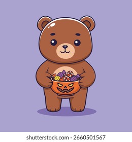 Cute Halloween Bear and Candy Basket. vector illustration	
