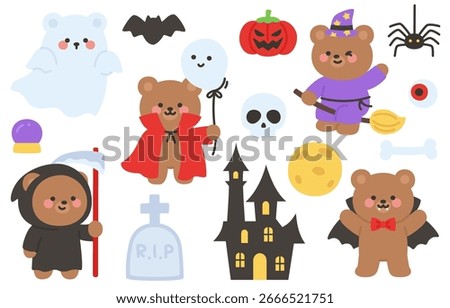 Cute Halloween Bear Characters with Ghost, Vampire, Witch, Grim Reaper, and Haunted House Elements in Cartoon Style Vector Illustration